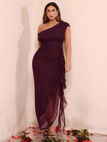SHEIN BAE Plus Size Dresses,Dark Purple,Autumn,Elegant,Night Out Club Curve Formal Party Asymmetric Neck Open Shoulder Slit Ruched Ruffle Fitted Women's - Maroon - View 6