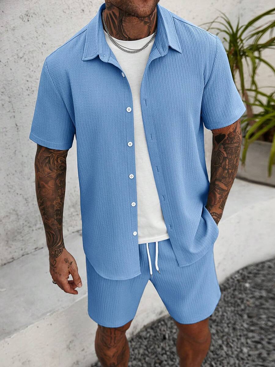 Manfinity Homme 2pcs Solid Color Textured Short Sleeve Shirt And Shorts Set Football - Blue - View 1