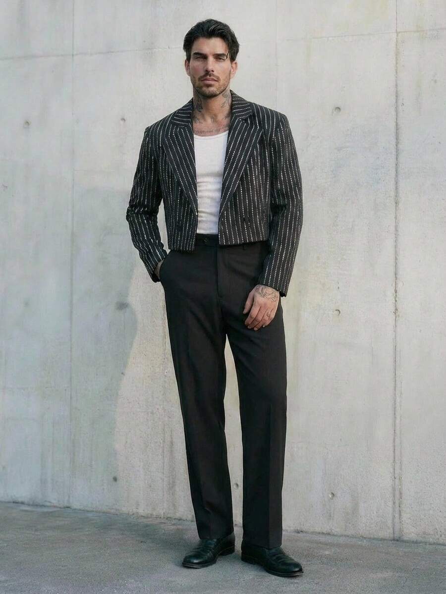 GENTILAND Men's Striped Print Lapel Collar Business Suit Jacket And Pants Set Old Money, Wedding Cozy Outfits Out Pattern, For Vacation, Beach For Husband Boyfriend Gift Simple Fashion Commuting Tuxedo Suit