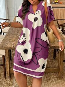 EMERY ROSE Plus Size Women Floral Print Casual Party Dress - Purple - View 4
