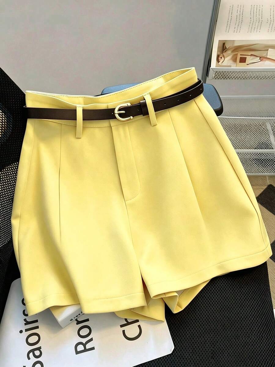 Franclia Celana Pendek Khaki Warna Polos Baru untuk Wanita, Model Kasual & untuk Berpergian, Pinggang Sedang-Tinggi, Dilengkapi Sabuk, Cocok untuk Musim Panas. - Kuning - View 1