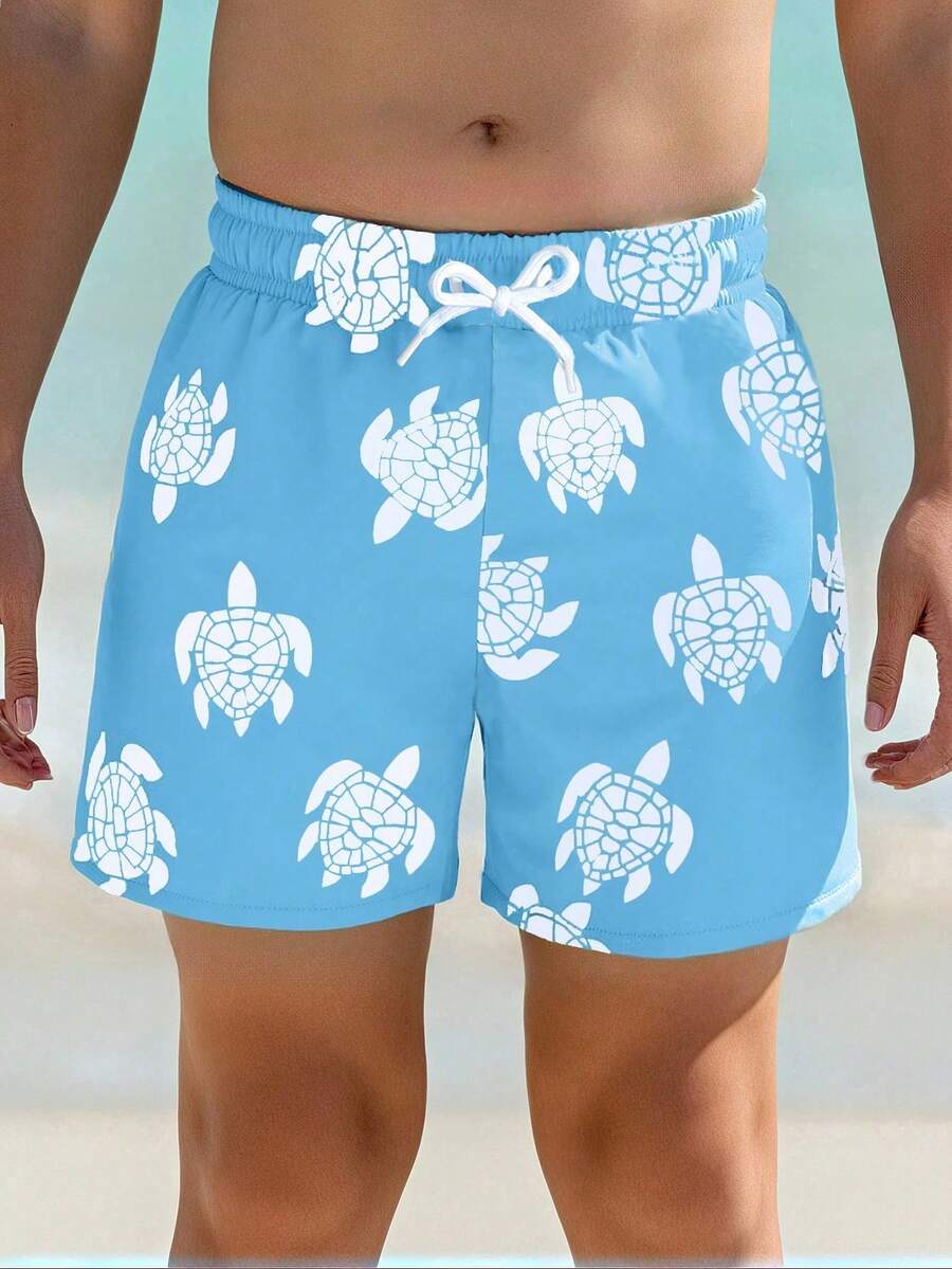 SHEIN 男童夏季海滩度假风全印花海龟抽绳腰泳裤 - 藍色 - 查看 1