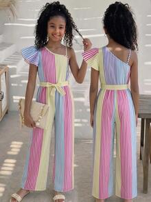 SHEIN Bộ áo liền quần không tay dáng rộng, in họa tiết ombre, thích hợp cho bé gái (có thắt lưng), phù hợp cho mùa xuân, hè, kỳ nghỉ, du lịch. - Nhiều màu - Xem 2