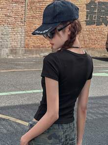 Dazy Kids Teen Girl Fitted Solid Color Short Sleeve T-Shirt Summer - Black - View 2