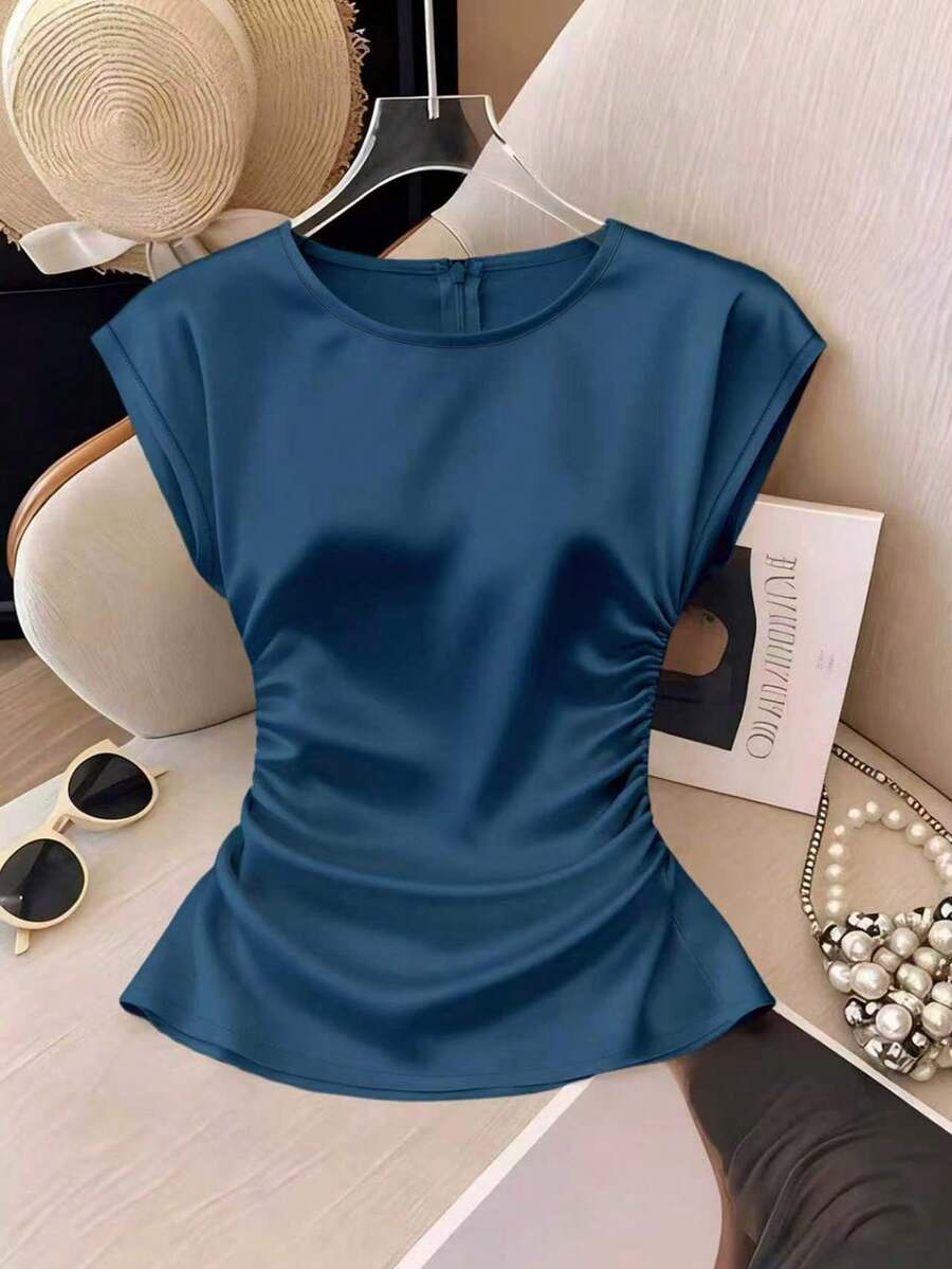SHEIN Franclia 女士优雅圆领修身褶裥短袖百搭纯色浅桃色衬衫 - 寶藍色 - 查看 1