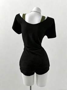 Plus Size Oblique Shoulder 2 In 1 Skull Print Contrast Color Long Sleeve T-Shirt - Multicolor - View 2