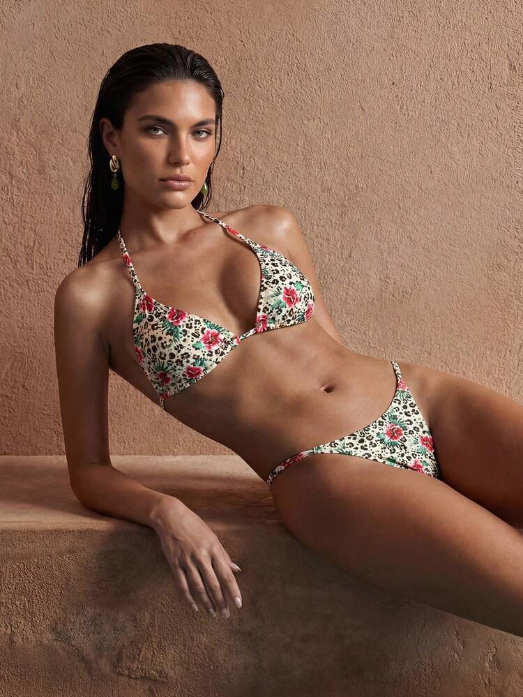 Women's Leopard & Floral Print Swimwear Set, Vacation & Beach