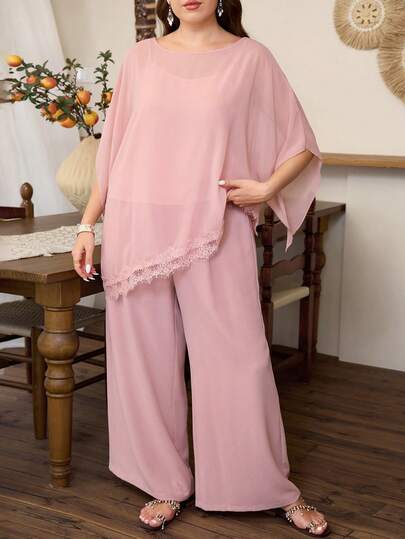 Lacomfia Bộ 3 món dành cho nữ cỡ lớn, kiểu dáng thanh lịch tối giản, cổ tròn, vạt bất đối xứng, phối ren, thích hợp cho mùa hè.