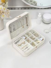 1PC Rectangular PU Leather Jewelry Box Portable Storage Case For Small Travel Items Girl Women Wedding Birthday Gift Back To School Present - White - View 4