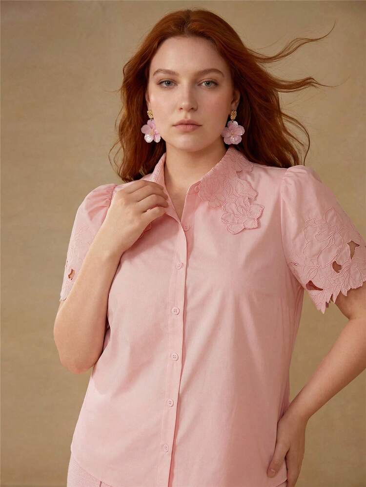 WOMEN'S PLUS COTTON HOLLOW-OUT EMBROIDERED SHORT SLEEVE BLOUSE, SPRING/SUMMER