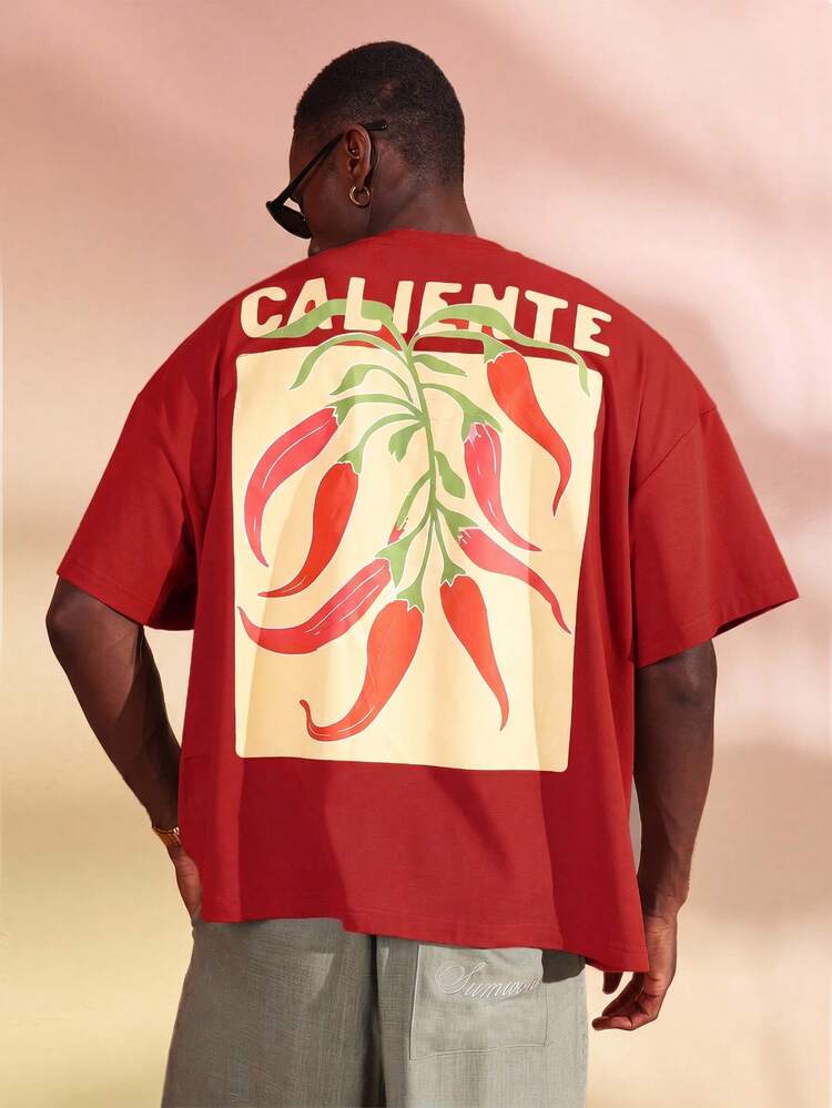 Camiseta de Algodão Vermelha Quadrada com Gráficos de Pimenta do Chile e Impressão de Logo para Estilo Casual de Verão