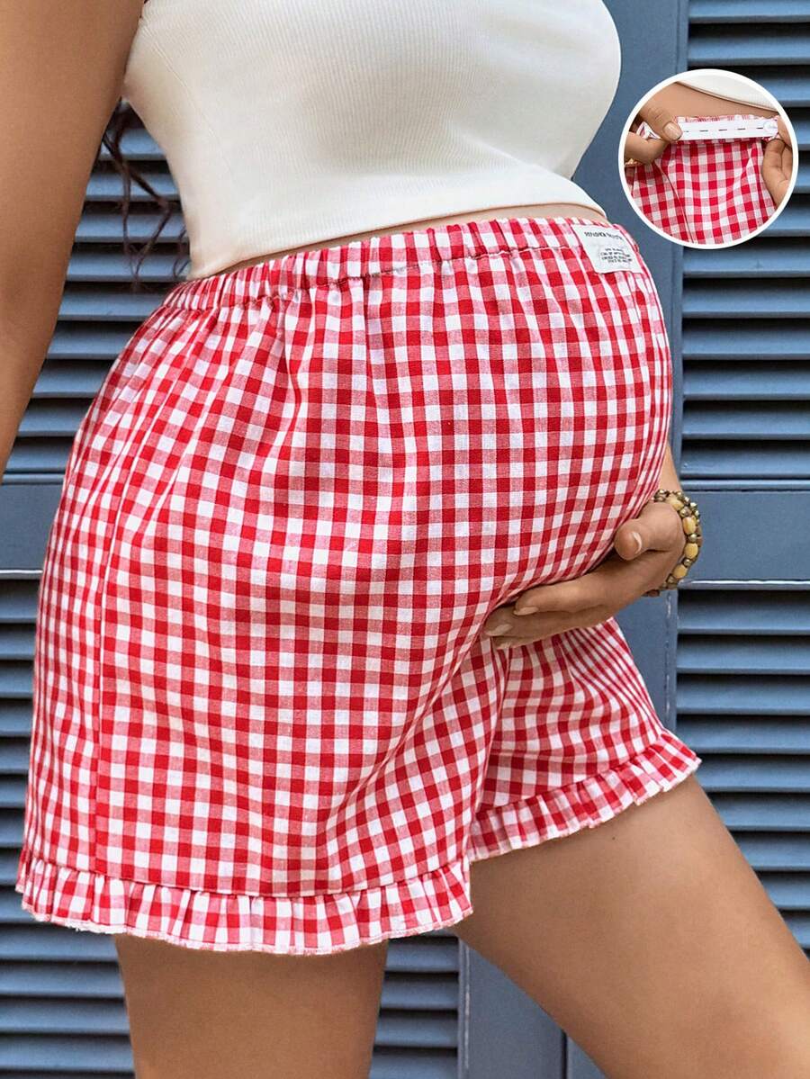 SHEIN Quần short bầu dáng rộng, cạp chun, họa tiết kẻ caro, viền bèo nhún, kiểu dáng thường ngày, đa năng. - Đỏ - Xem 1