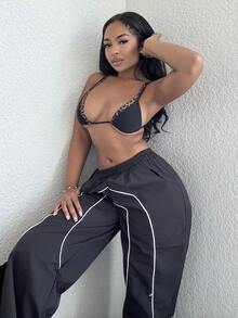 Alexandranx 女式 1 件套比基尼上衣 Y2k 夏季外出纯色拼接细肩带简约比基尼上衣，西式女装 - 彩色 - 查看 1