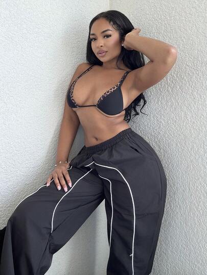 Alexandranx 女式 1 件套比基尼上衣 Y2k 夏季外出纯色拼接细肩带简约比基尼上衣，西式女装