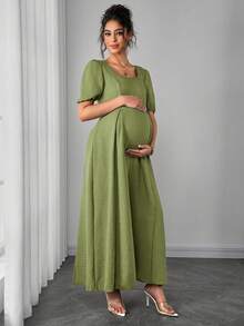 Đầm bầu dáng chữ A thanh lịch, lãng mạn, lệch vai, xếp ly eo, thoải mái. - Màu xanh Bạc hà - Xem 4