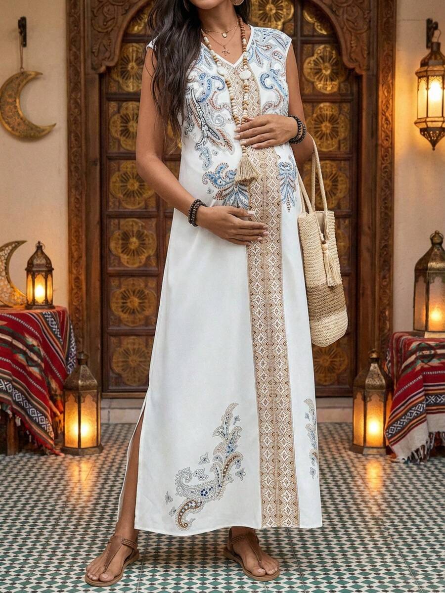 SHEIN Summer Outfits,Maternity Vacation Bohemian Style Cashew Print Side Slit Casual Dress Elegant Dress Dresses Zig Zag Dress Zip Abaya - White - View 1