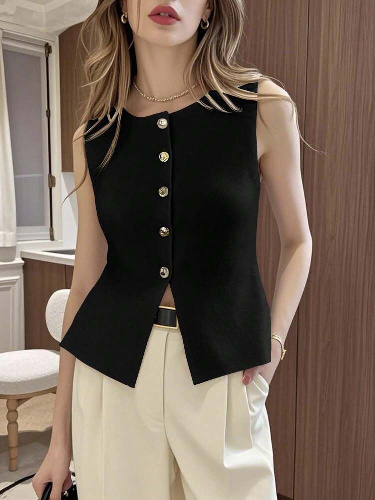 Women's Solid Color Sleeveless Knit Blouse With Front Buttons - Khaki - View 7