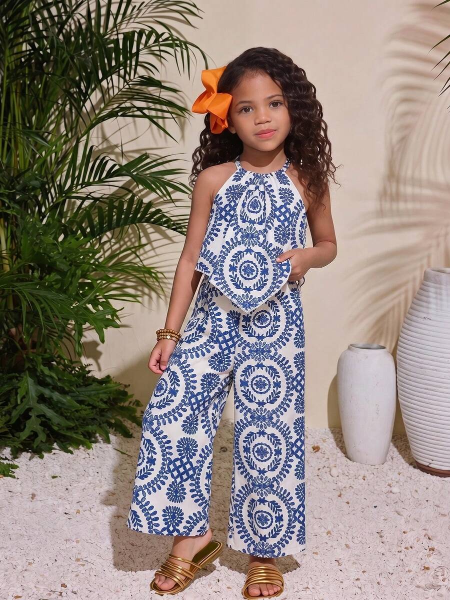 SHEIN 2pcs Young Girl Woven Halter Floral Top And Wide Leg Straight Pants Set - Blue - View 1
