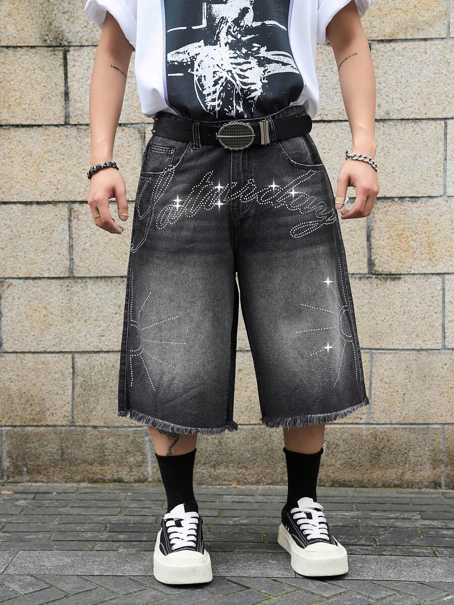 Manfinity EMRG Pantalones cortos vaqueros de pierna ancha con adornos de diamante de imitación para hombres - Gris - Ver 1