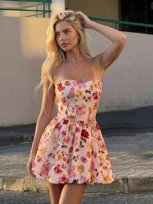 Joudiya Spring & Summer Floral & Butterfly Print Off-Shoulder Bodycon Mini Dress, Casual Sweet Girl Dress For Music Festival, Valentine's Day, Wedding, Party, Elegant Commuter Dress - Pink - View 4