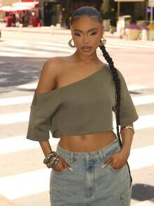 Denimoi Off Shoulder Raw Edge Crop Top Fashionable Streetwear Lounge Wear Everyday Wear - Grey - View 5