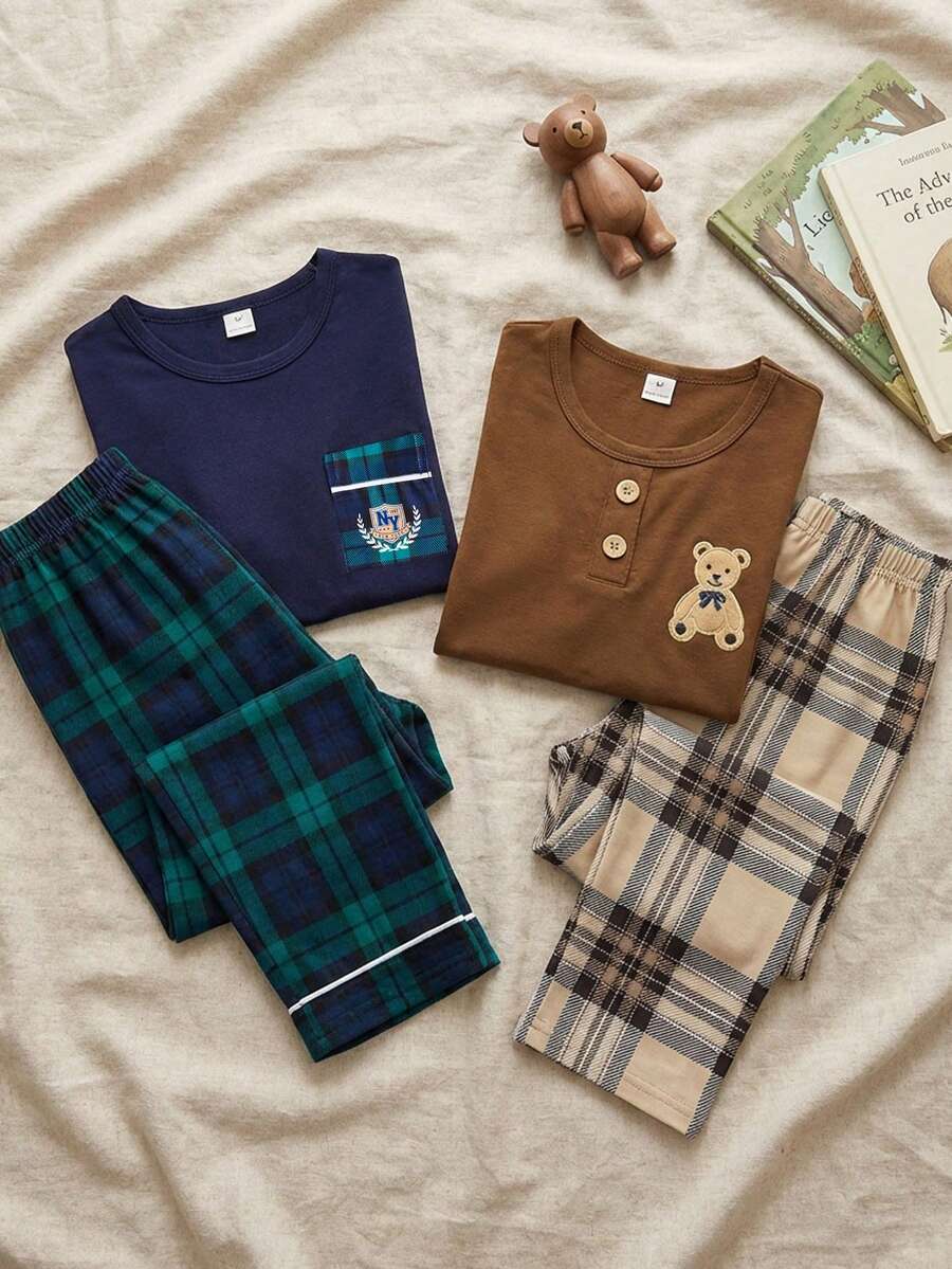 SHEIN Genkimix Kids 2pcs Young BoyFashionable Cute Text & Plaid Pattern Short Sleeve Top And All-Over Plaid Pants Casual Homewear Set - Navy Blue - View 1