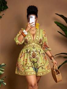 Maweii Plus Size Women's Floral Print V-Neck Puff Sleeve Waist Cinched Jumpsuit Fall - Multicolor - View 2