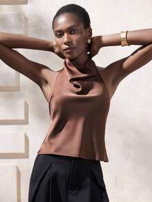Aveloria Modichic Women's Coffee Brown Elegant Sexy Satin Halter Top, Sleeveless Cowl Neck Slim Fit Blouse For Summer, Party Night Date Night, Business Casual Old Money - Brown - View 6