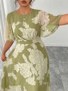 Modelyn Plus Size Women's Elegant Round Neck Ruffle Flare Sleeve Fitted Flowy Maxi Chiffon Dress, Spring/Summer - Multicolor - View 6