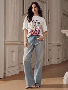 White Short Sleeve T-Shirt With Colorful Line Portrait Graphic Design, Summer - White - View 5