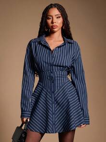 Radiana Plus Size Fashionable Commuter Striped Front Button Dress, Navy Blue - Navy Blue - View 6