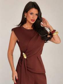 Firerie 2pcs Women Knitted Cotton Asymmetrical Metal Waist Sweater And Loose Wide Leg Pants Set - Coffee Brown - View 1