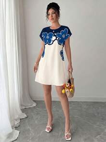 SHEIN Elenzya Standard Size Elegant Women Casual Formal Commute Family Gathering Short Sleeve Dress - Multicolor - View 5
