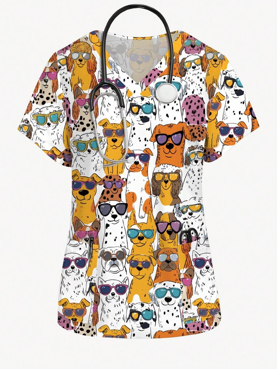 PopScrub 卡通猎犬、贵宾犬、杜宾犬、达尔马提亚犬印花护士服上衣,V领短袖带口袋和侧开衩,时尚女式制服衬衫,宠物爱好者服装 - 彩色 - 查看 1