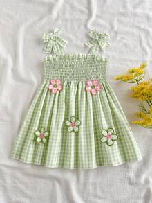 SHEIN Vintaside Kids 女婴夏季无袖吊带连衣裙，时尚、甜美、休闲、清新、优雅，适合海滩郊游、度假和聚会。 - 綠色 - 查看 7