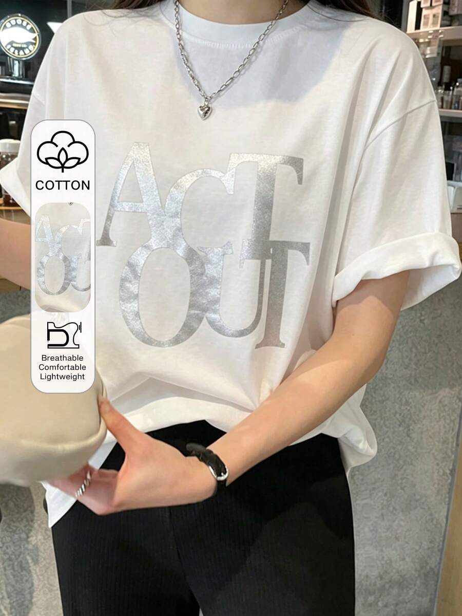 FRIFUL 女士圆领宽松短袖T恤，银箔印花，夏季 - 白色 - 查看 1