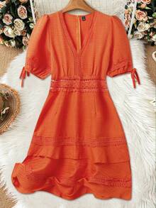 EMERY ROSE Women's Solid Color Lace Trim Dress, Summer - Orange - View 3
