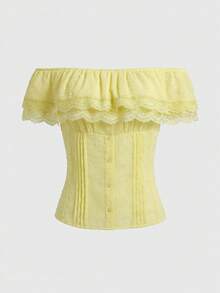Rina Fox Women's Summer Casual Vacation Style Contrast Lace Layered Ruffle Off-Shoulder Top - Yellow - View 2