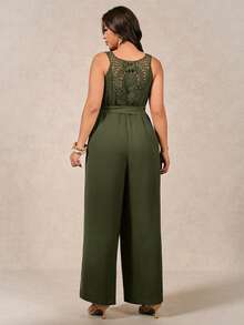 Breezaya Bộ jumpsuit nữ cỡ lớn màu trơn cổ chữ V không tay hở lưng phối ren thắt eo dáng rộng thoải mái đi biển, thanh lịch cho mùa xuân/hè. - Màu be - Xem 8
