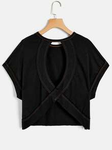 SHEIN Essnce Áo thun ngắn tay màu đen hở lưng, thoải mái, rộng rãi, cơ bản, dành cho nữ cỡ lớn, thời trang xuân/hè, thích hợp mặc hàng ngày, đi chơi, phong cách đường phố, áo hè màu đen dễ thương. - màu đen - Xem 2