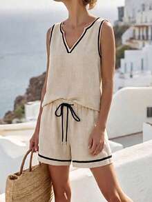 Breezaya Women's 2-Piece Cream And Black Striped Sleeveless V-Neck Linen Short Sets,Summer Casual Loose Fit Vacation Holiday Beach Resort Wear Outfits - Multicolor - View 3