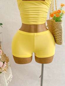 Soleia Conjunto de dos piezas de punto elástico ajustado con decoración de hebilla metálica, estilo Y2K, sexy y casual, para vacaciones de verano. Adecuado para varias ocasiones y atuendos, incluyendo vacaciones, fiestas, citas, carnavales, tardes de té, playas, cruceros, viajes a la ciudad y festivales de música. - Amarillo - Ver 6