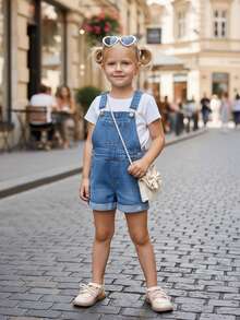 SHEIN Vintaside Kids Young Girl'Denim Bib Shorts,Medium Blue,Back-To-School Summer New Arrival Casual Cute Adjustable Rolled Hem Distressed Relaxed Fit Soft Cotton Fabric - Medium Wash - View 4