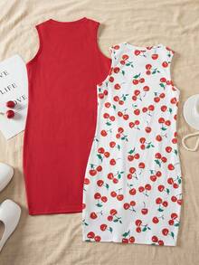 Vintaside Kids 2pcs Girls' Cherry Pattern Ribbed Bodycon Sleeveless Casual Dress, Summer - Red - View 2