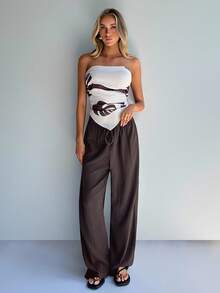 SHEIN PETITE CURVE CURVE 大尺碼女款小個子寬腿長褲，巧克力棕色休閒正式高腰抽繩夏季度假優雅長褲 - 棕色 - 查看 6