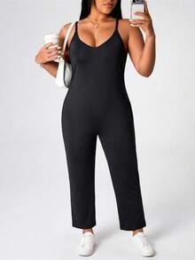 Rhythm Era Tuta casual senza maniche con pantaloni a gamba larga, in taglie comode, minimalista, adatta per yoga, fitness e attività all'aperto - nero - Visualizzare 3