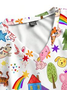 PopScrub Atasan Seragam Perawat Lengan Pendek Leher V Motif Grafiti Kasual - MultiWarna - View 4
