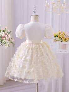 Glamorique Kids Young Girl' Solid Color Round Neck Pearl Petal Sleeve 3D Flower Elegant Summer Dress With Belt - Apricot - View 3