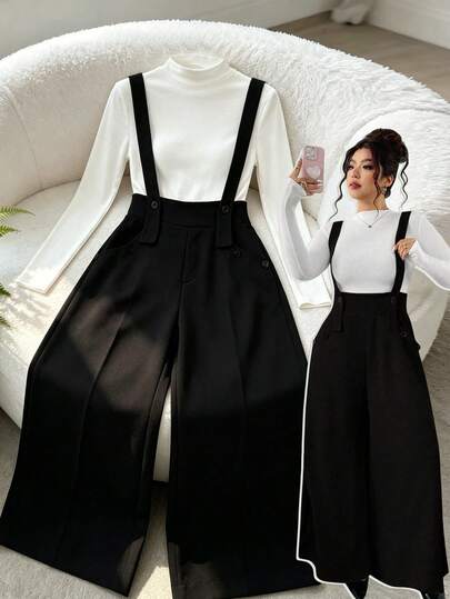 SHEIN Tall CURVE 大码针织喇叭裤，带真口袋，高腰设计，优雅百搭，适合外出、聚会、休闲和工作场合穿着，适合高个女性