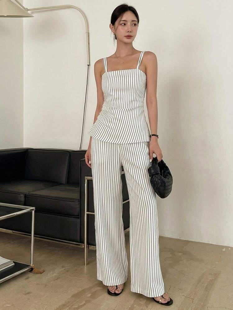 2pcs Women's Stripe Camisole Top And Loose Pants Set, Spring/Summer